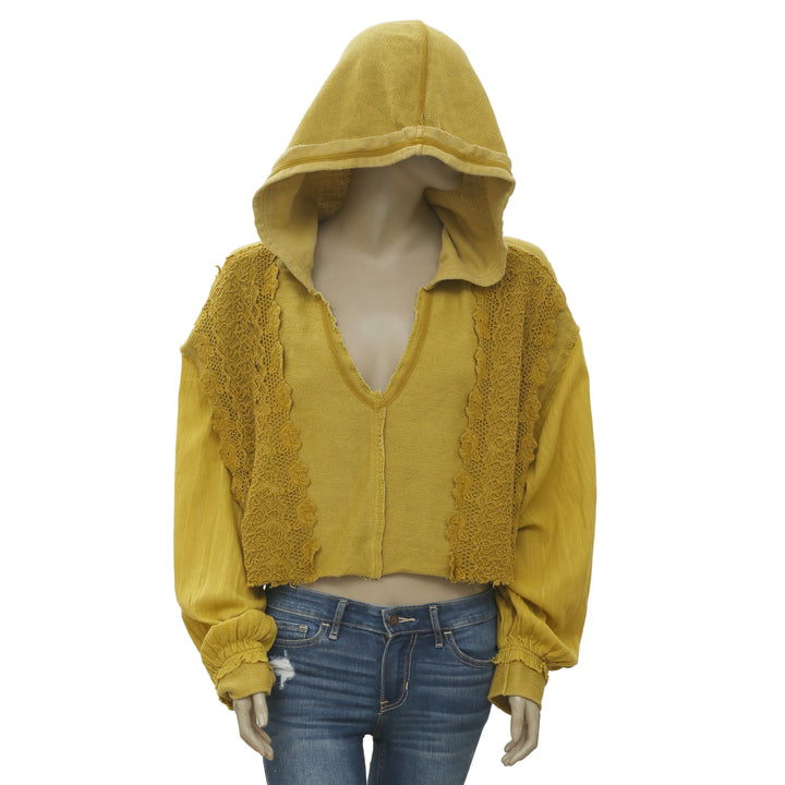 New Free People Lacey Pullover Crochet Lace Yellow Hoodie Crop Top S