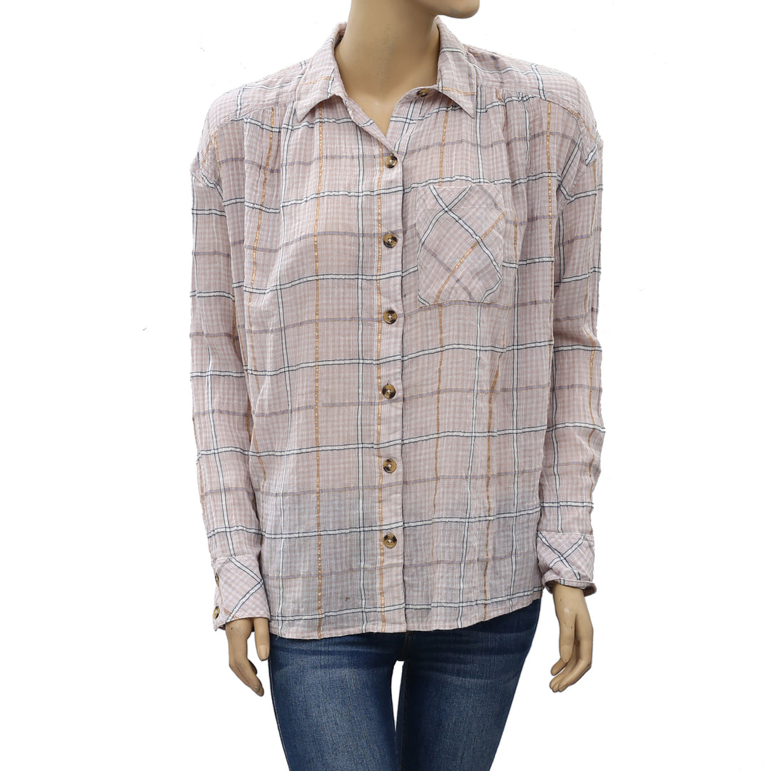 Free People Break My Stride Check & Plaid Shirt Top XXS