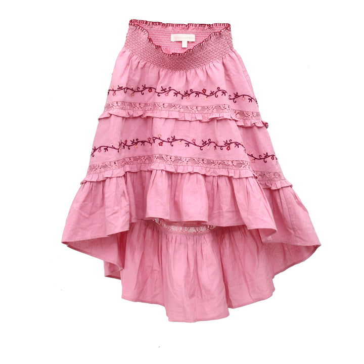 Loveshackfancy Girls High & Low Embroidered Ruffle Pink Skirt