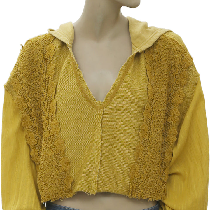 New Free People Lacey Pullover Crochet Lace Yellow Hoodie Crop Top S