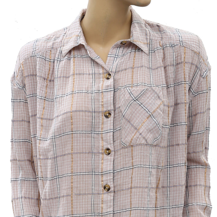 Free People Break My Stride Check & Plaid Shirt Top XXS