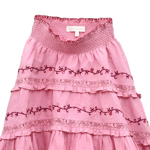 Loveshackfancy Girls High & Low Embroidered Ruffle Pink Skirt