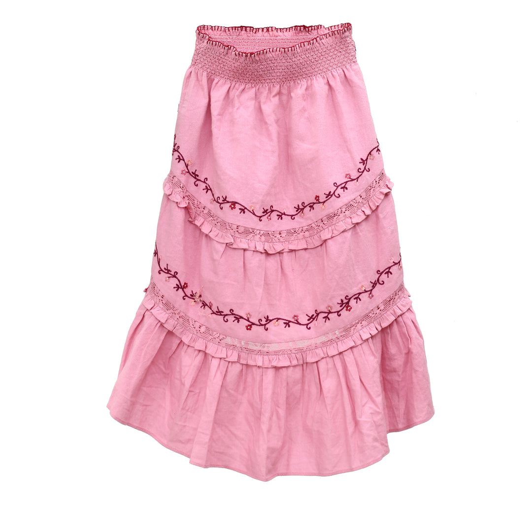 Loveshackfancy Girls High & Low Embroidered Ruffle Pink Skirt