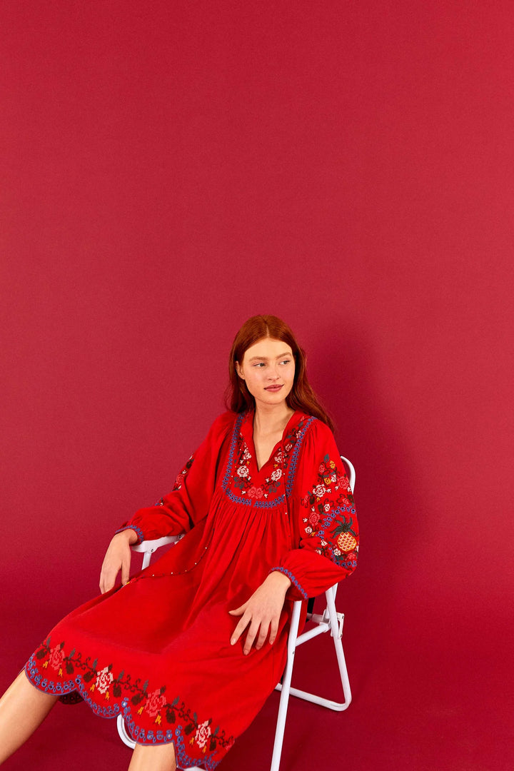 Farm Rio Red Embroidered Midi Dress