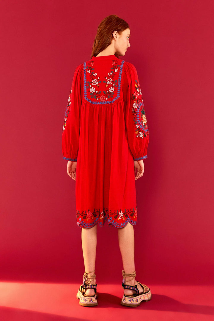 Farm Rio Red Embroidered Midi Dress