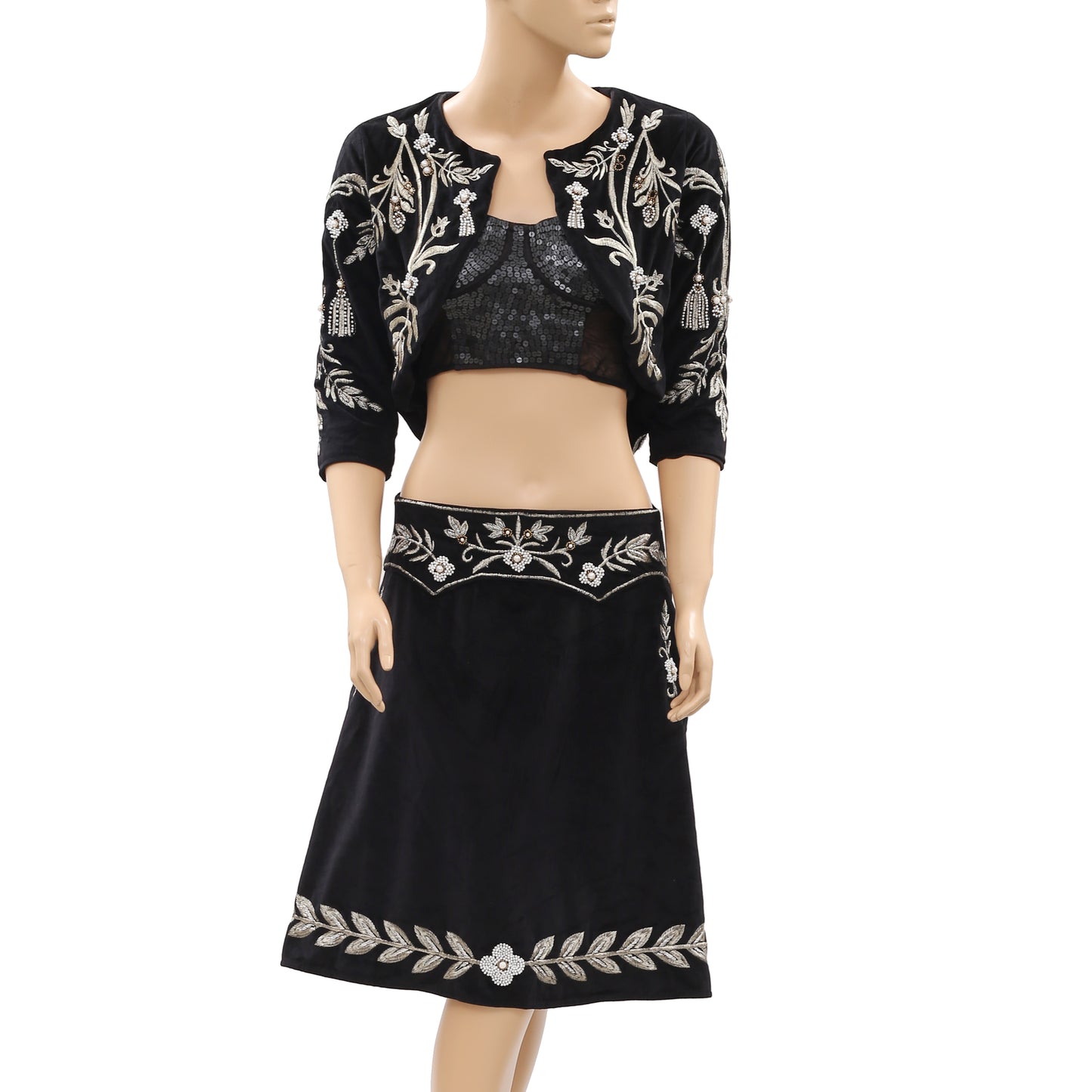 Nj Couture Floral Embroidered Cropped Top Skirt Set