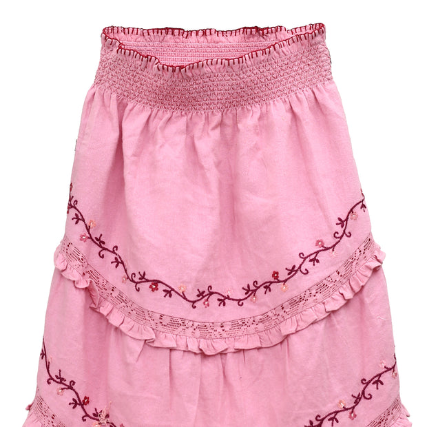 Loveshackfancy Girls High & Low Embroidered Ruffle Pink Skirt