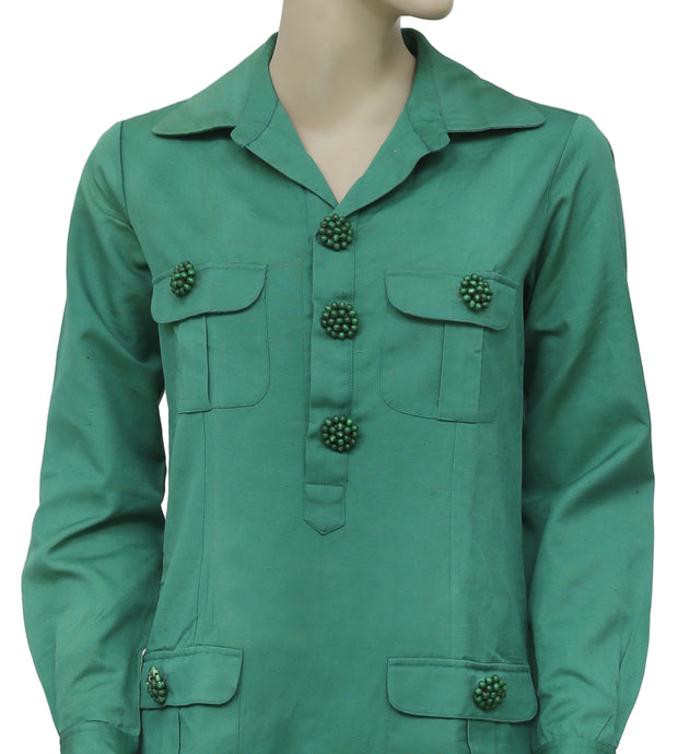 Madame Marie Collared Neck Long Sleeve Pocket Green Tunic Dress S T 1