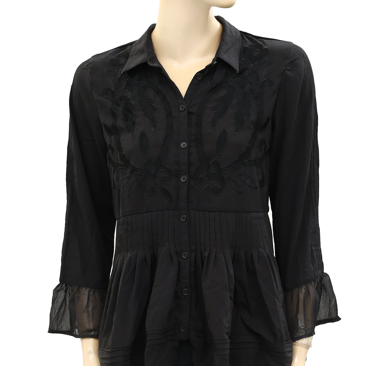 Uterque Embroidered Black Tunic Shirt Top S