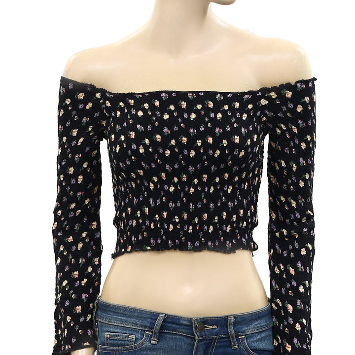 Pins & Needles Urban Outfitters Smocked Long Sleeve Bardot Cropped Top