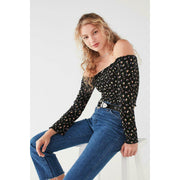 Pins & Needles Urban Outfitters Smocked Long Sleeve Bardot Cropped Top