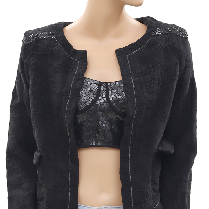 Anthropologie Embroidered Beaded Black Jacket Top