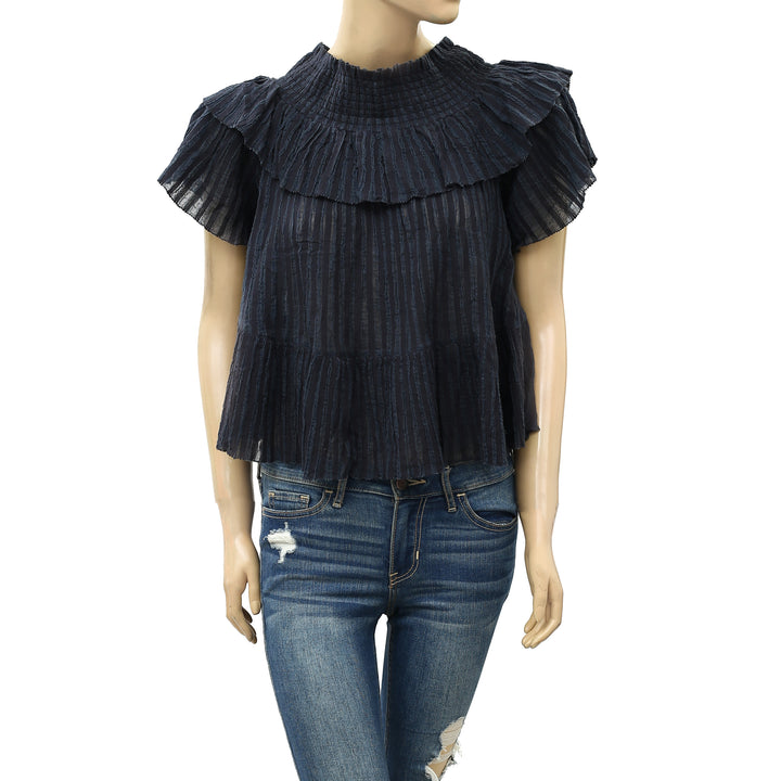 Ulla Johnson Kasia Off Shoulder Ruffle Striped Blouse Top