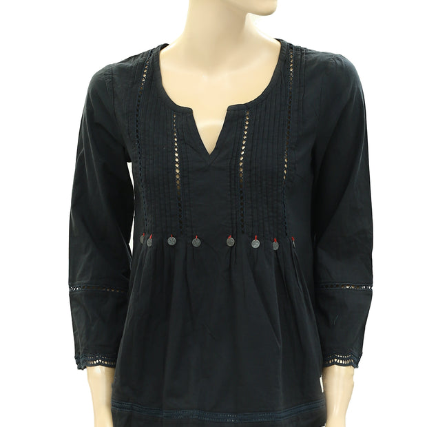 Odd Molly Anthropologie Solid Pintuck Lace Blouse Top
