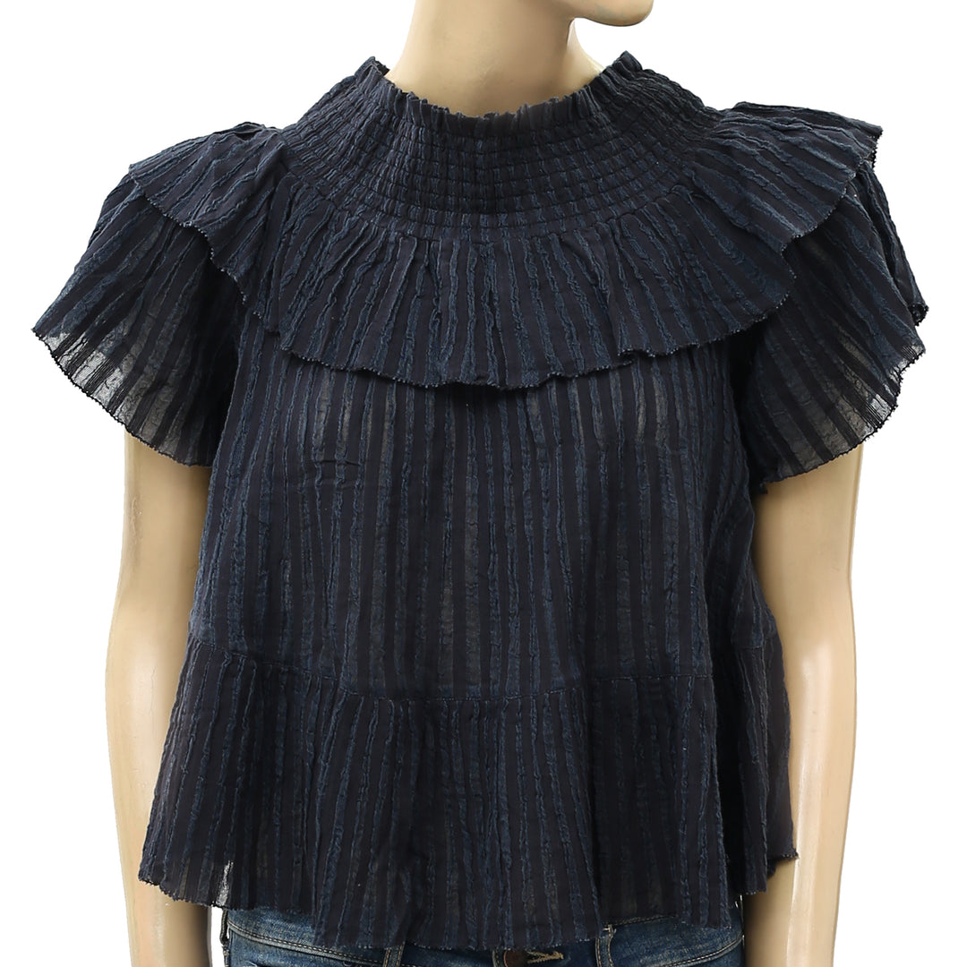 Ulla Johnson Kasia Off Shoulder Ruffle Striped Blouse Top