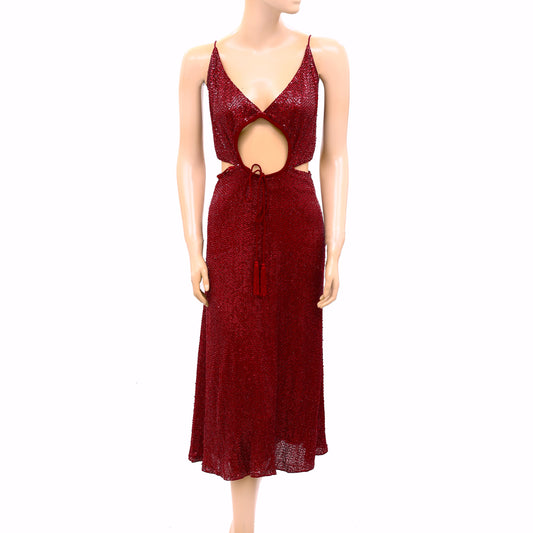 Mac Duggal Wine Sequin Beaded Midi Dress