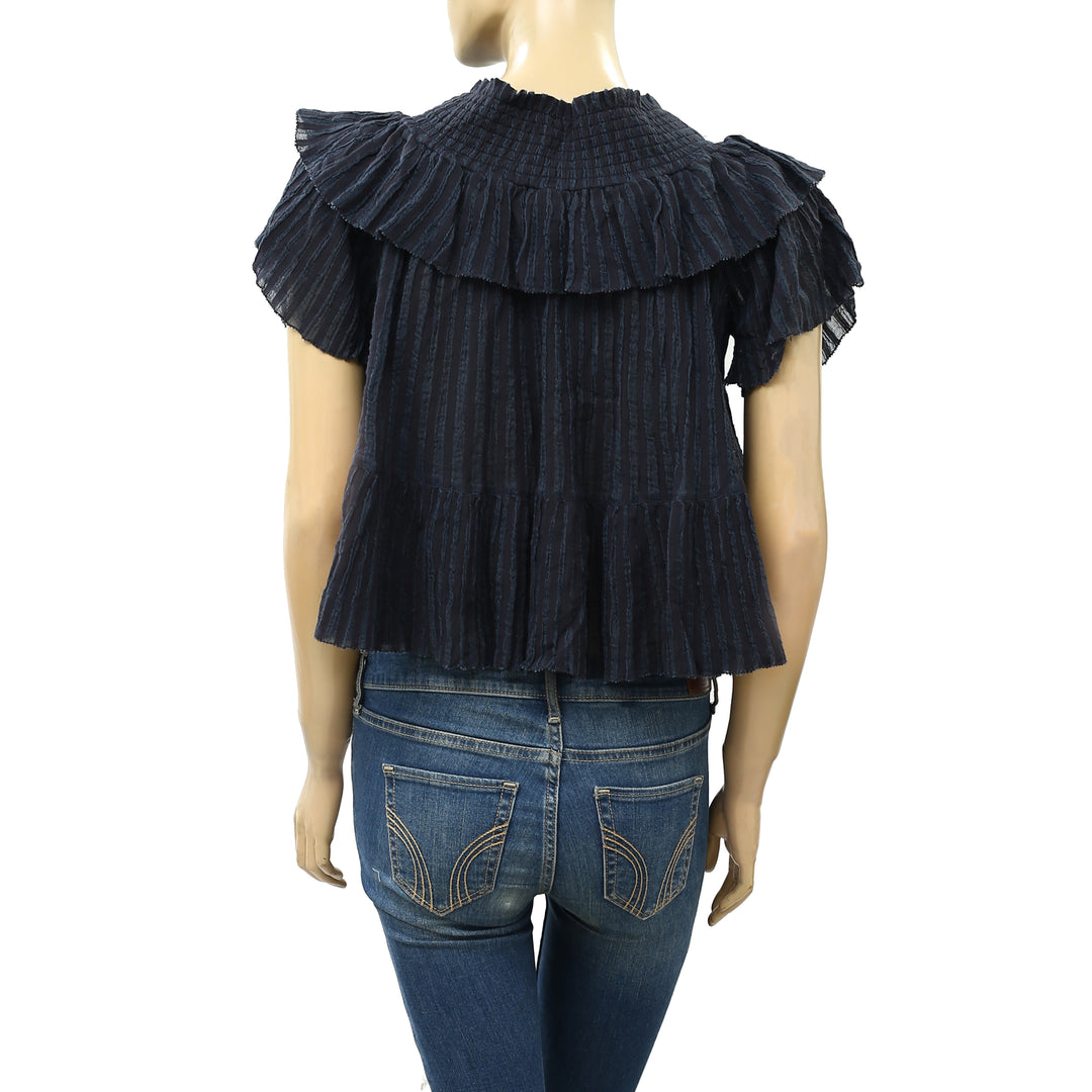 Ulla Johnson Kasia Off Shoulder Ruffle Striped Blouse Top
