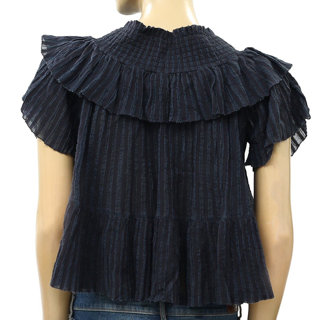 Ulla Johnson Kasia Off Shoulder Ruffle Striped Blouse Top