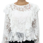 Uterque Embroidered Lace Romantic White Blouse Top