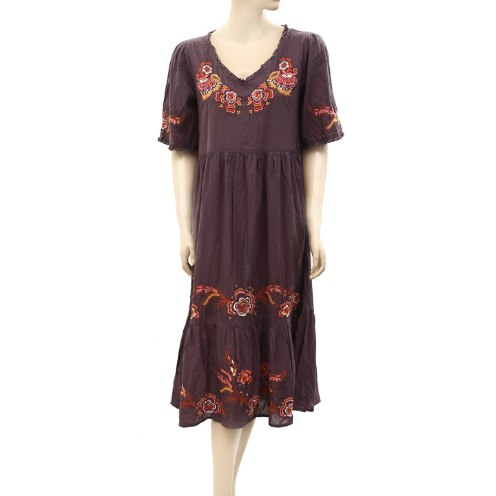 Odd Molly Anthropologie Floral Embroidered Ruffle Midi Dress