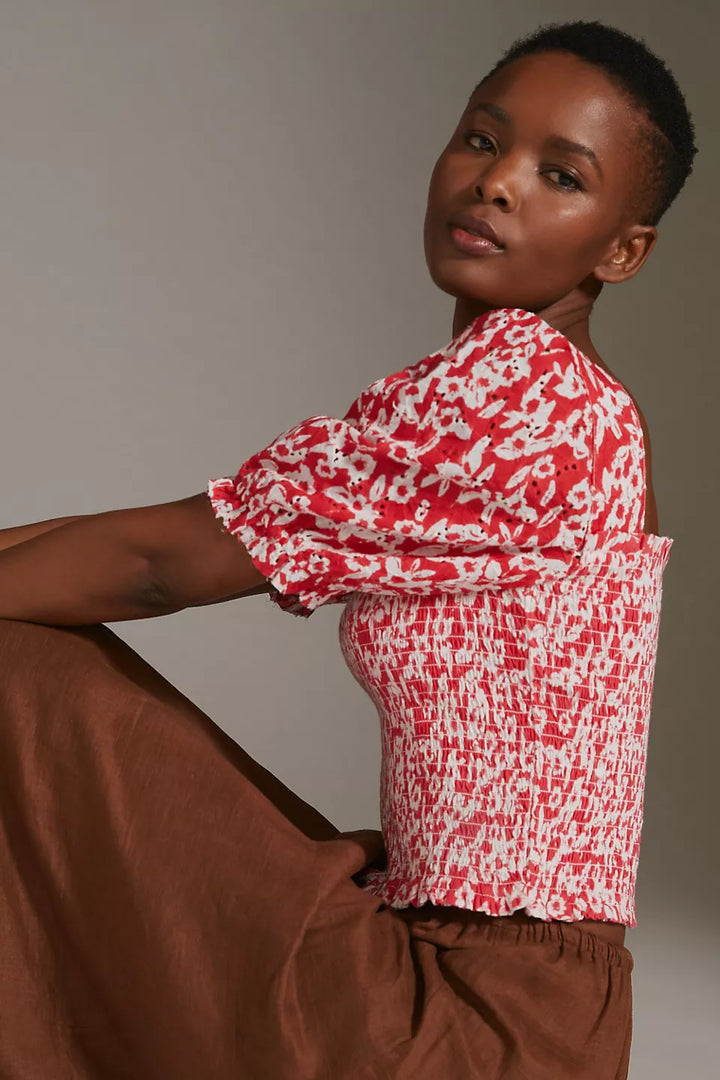 Anthropologie Smocked Eyelet Blouse Cropped Top