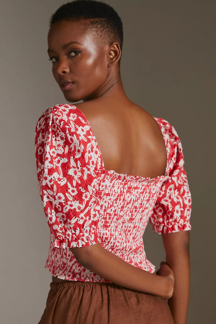 Anthropologie Smocked Eyelet Blouse Cropped Top