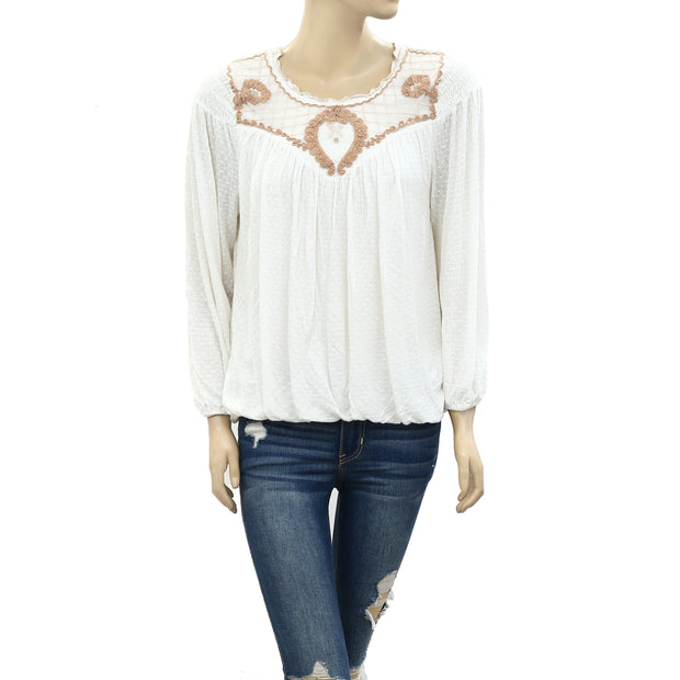 Free People Begonia Tee Embroidered Blouse Top