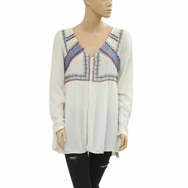 Jachs Girlfriend Womens White Embroidered Tunic Top M