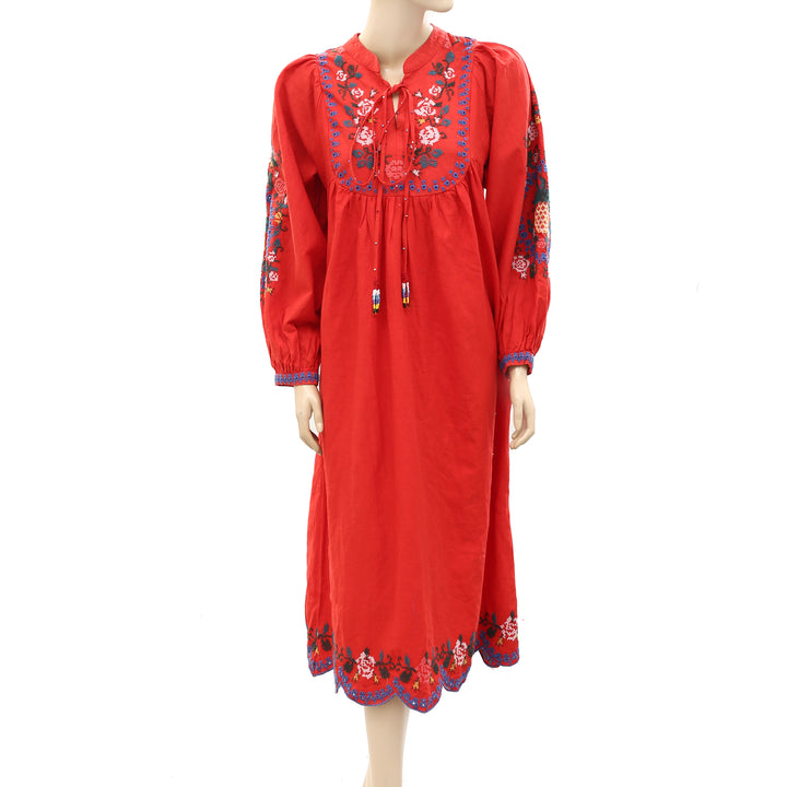 Farm Rio Red Embroidered Midi Dress