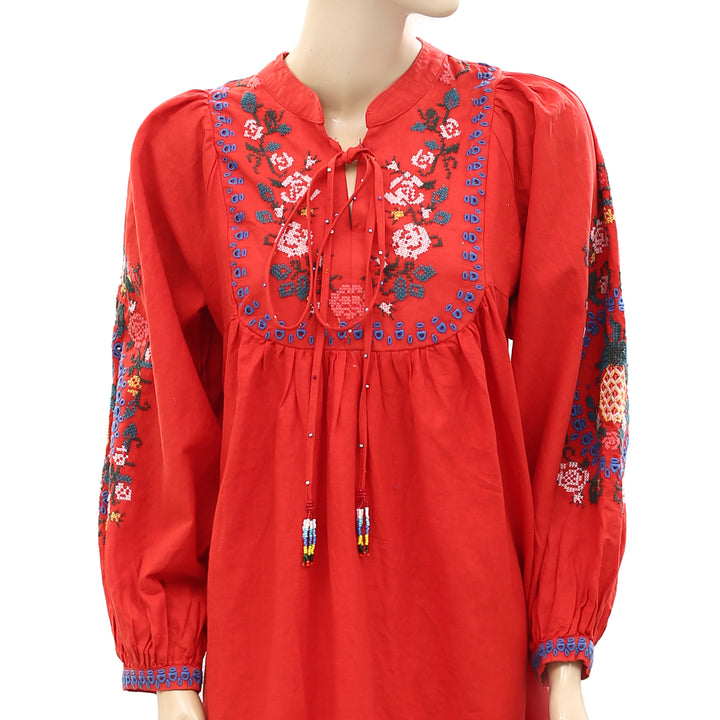 Farm Rio Red Embroidered Midi Dress