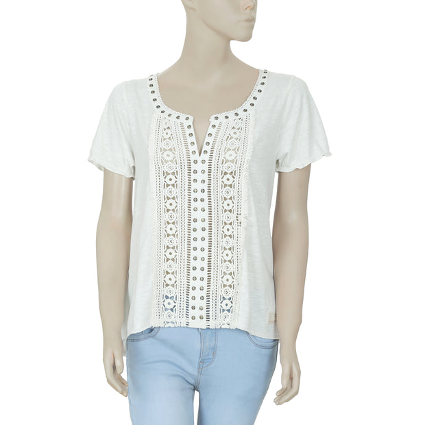 Odd Molly Crochet Embellished Ivory Blouse Top S