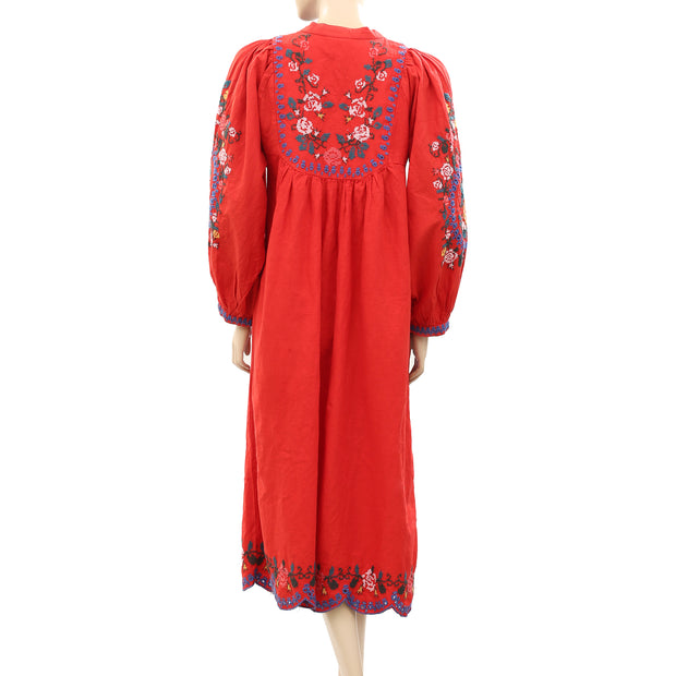 Farm Rio Red Embroidered Midi Dress