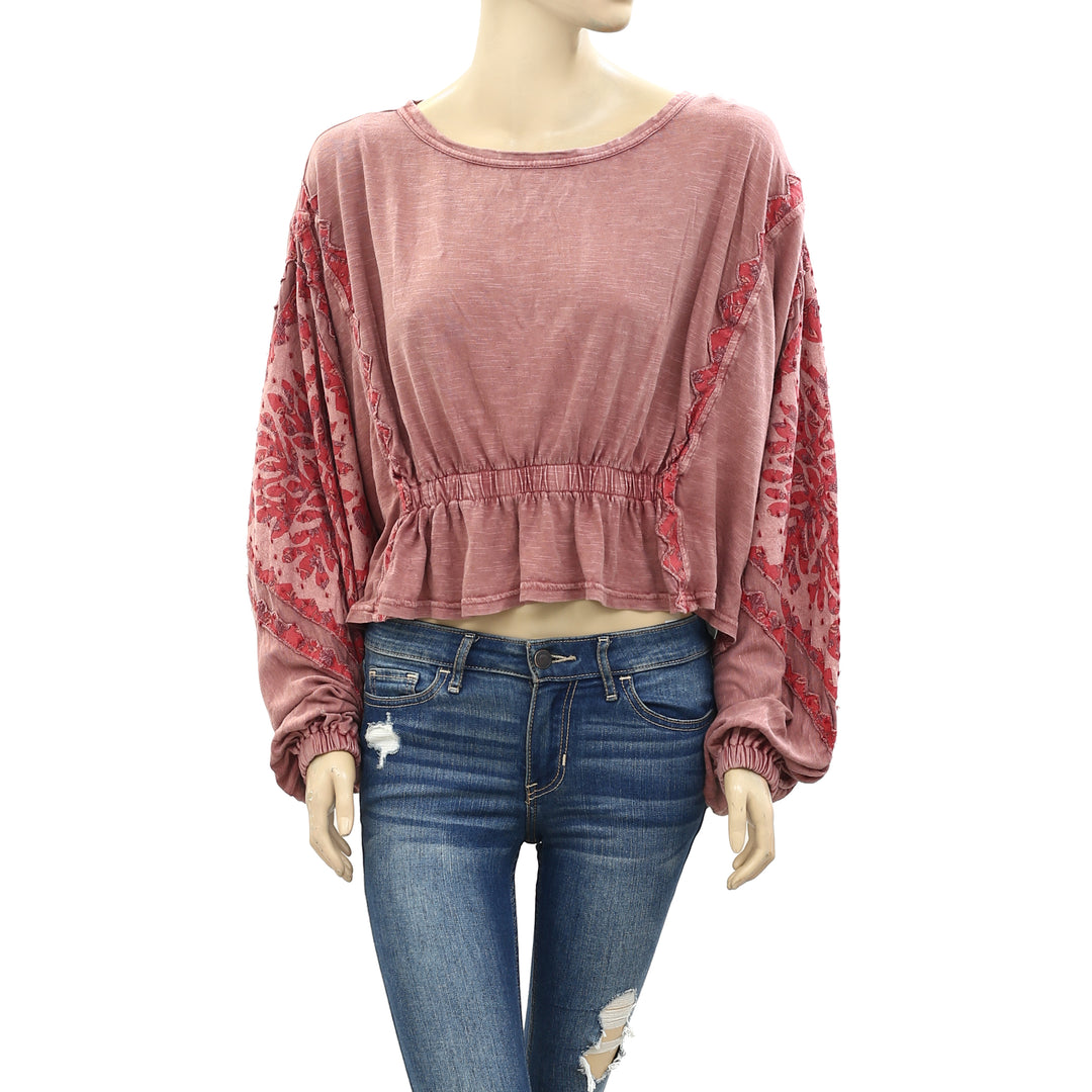 Free People Throwback Embroidered Cropped Blouse Top