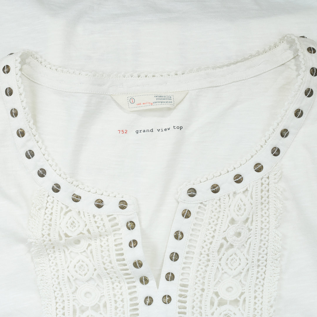 Odd Molly Crochet Embellished Ivory Blouse Top S