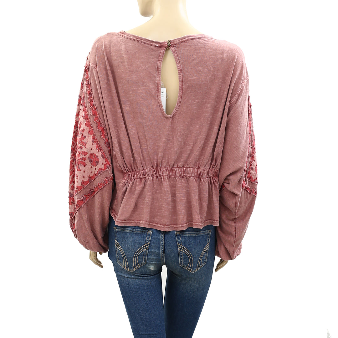 Free People Throwback Embroidered Cropped Blouse Top