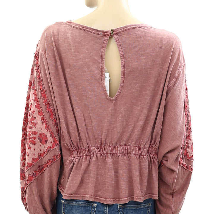 Free People Throwback Embroidered Cropped Blouse Top