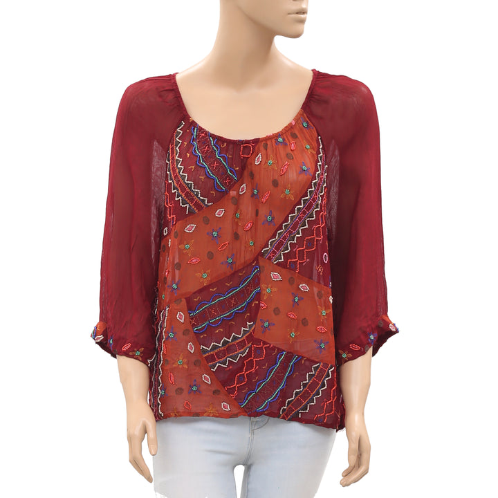 New Lucky Brand Embroidered Beaded Embellished Maroon Blouse Top Medium M