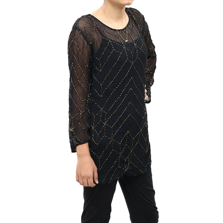 Free People Bead Embellished Black Tunic Top