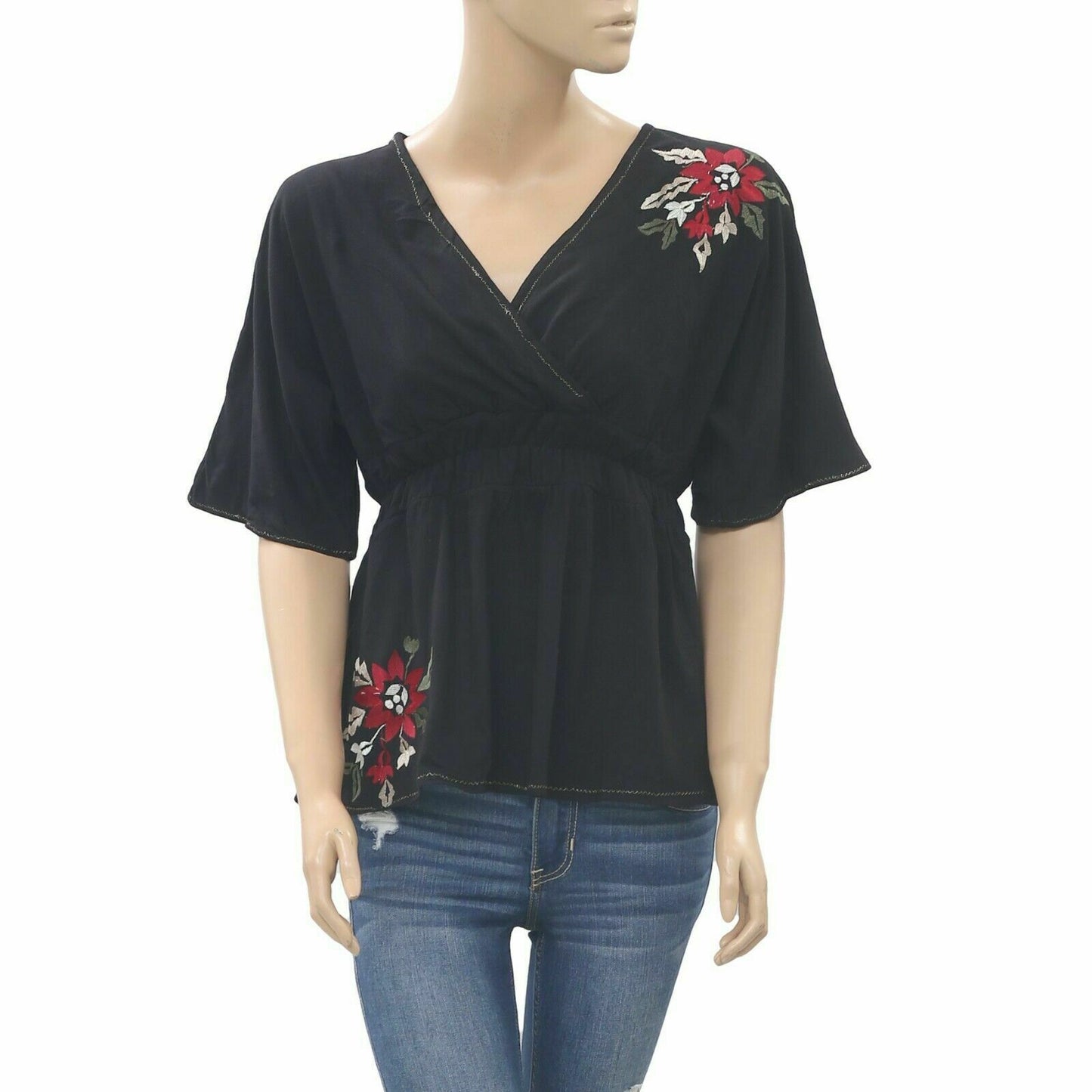 Caite Anthropologie Floral Embroidered Blouse Top Black