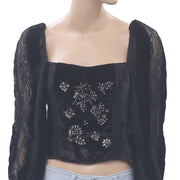 Uterque Velvet Embroidered Blouse Top