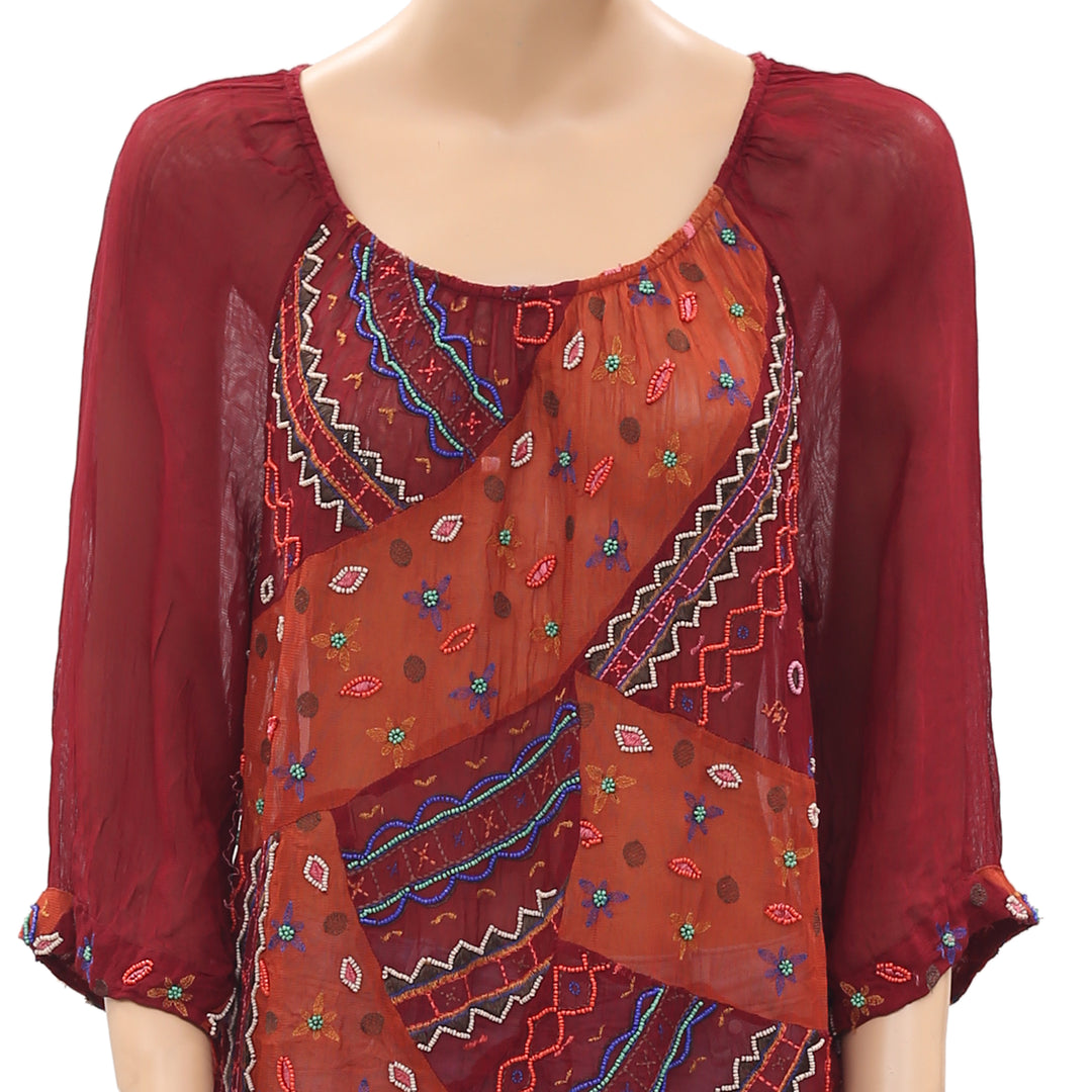 New Lucky Brand Embroidered Beaded Embellished Maroon Blouse Top Medium M