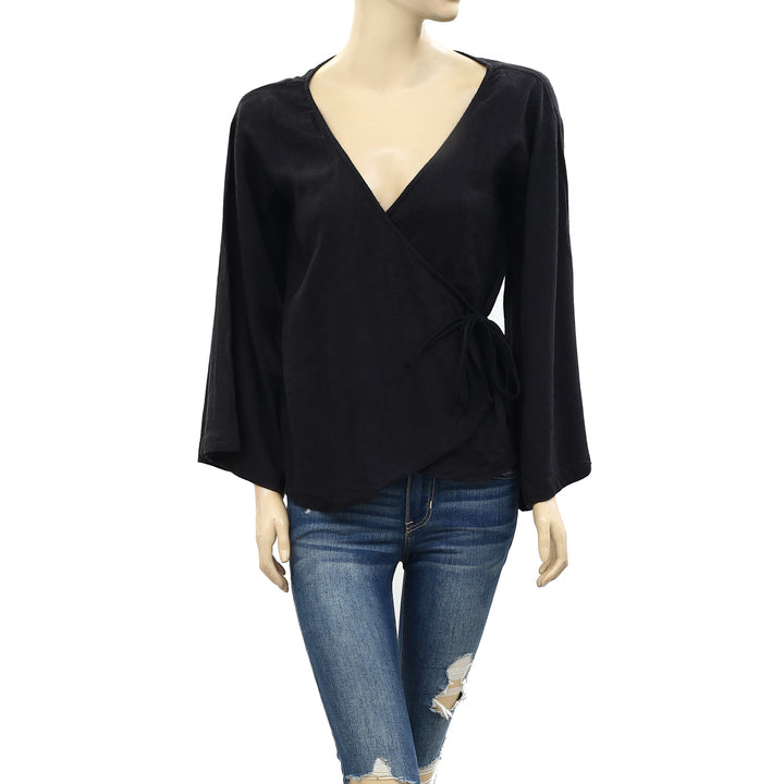 Free People Black Wrap Blouse Top