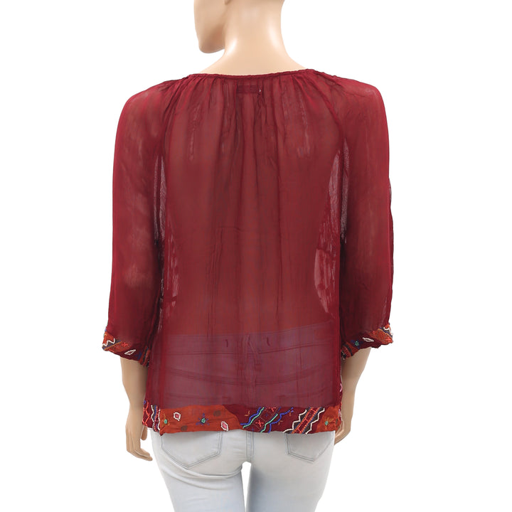 New Lucky Brand Embroidered Beaded Embellished Maroon Blouse Top Medium M