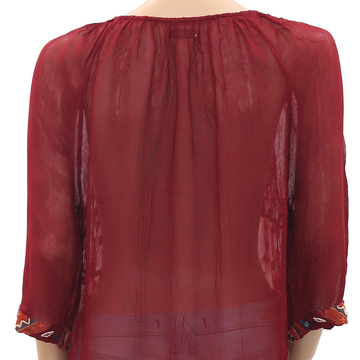 New Lucky Brand Embroidered Beaded Embellished Maroon Blouse Top Medium M