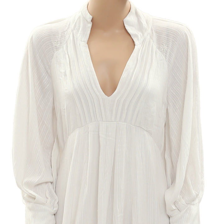 New Free People Pintuck Pleated V Neck Zipper Ivory Mini Dress Medium M