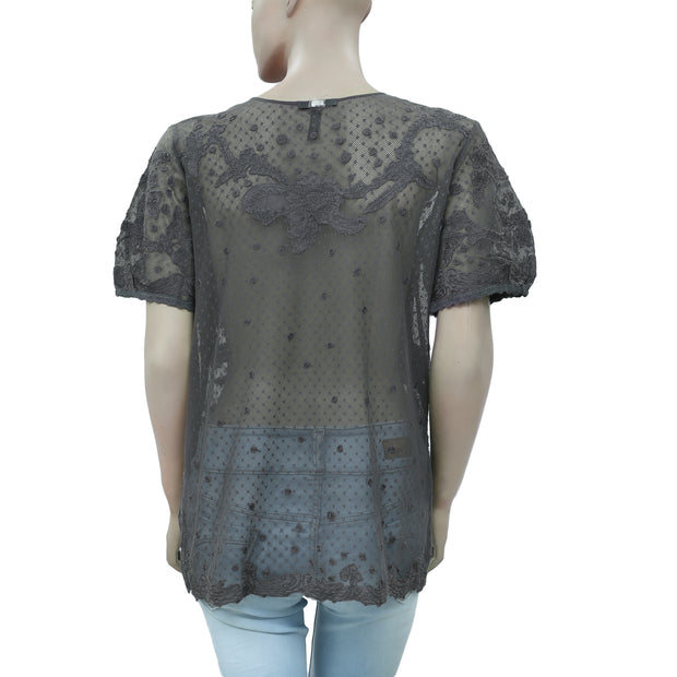 High Use Meshed Lace Sheer Dark Gray Blouse Top L