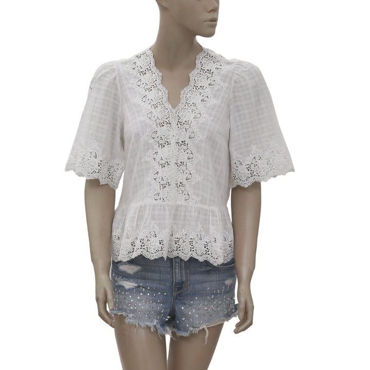 New Ulla Johnson Embroidered Crochet Lace Peplum White Blouse Top XS