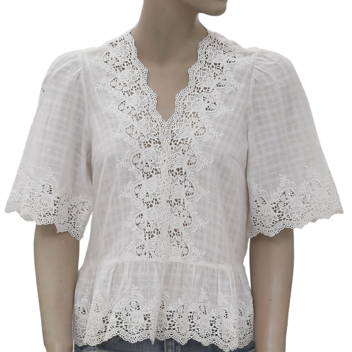 New Ulla Johnson Embroidered Crochet Lace Peplum White Blouse Top XS