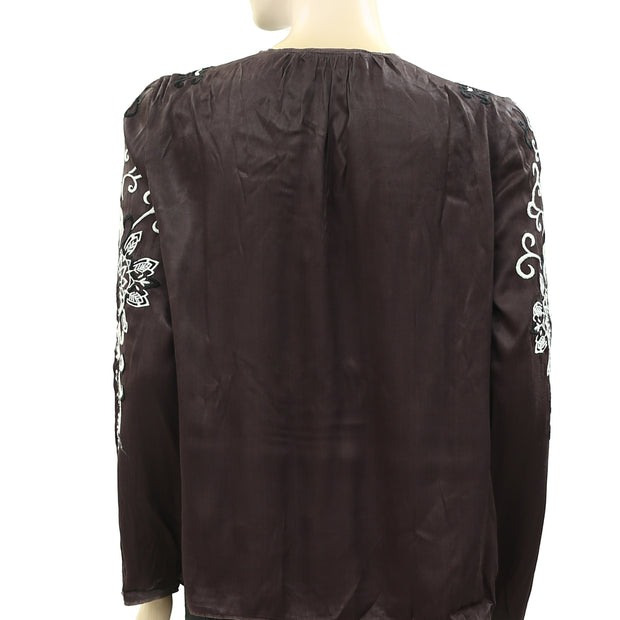Odd Molly Anthropologie Floral Embroidered Brown Blouse Top