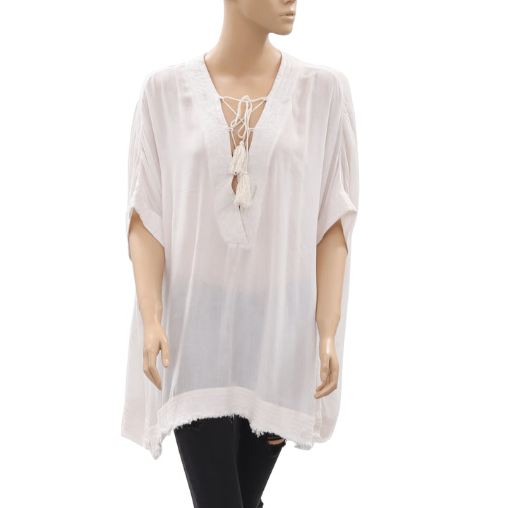 Free People Ivory Kaftan Tunic Top Lace Up Beach Wear Kimono XL